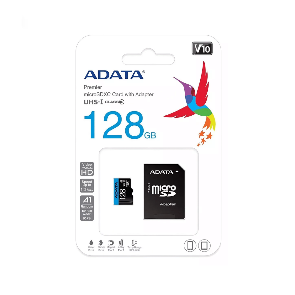 MICRO SDXC ADATA 128GB CON ADAPTADOR, UHS-I CLASS 10, V10, A1 (LECTURA 100MB/S ESCRITURA 25MB/S)