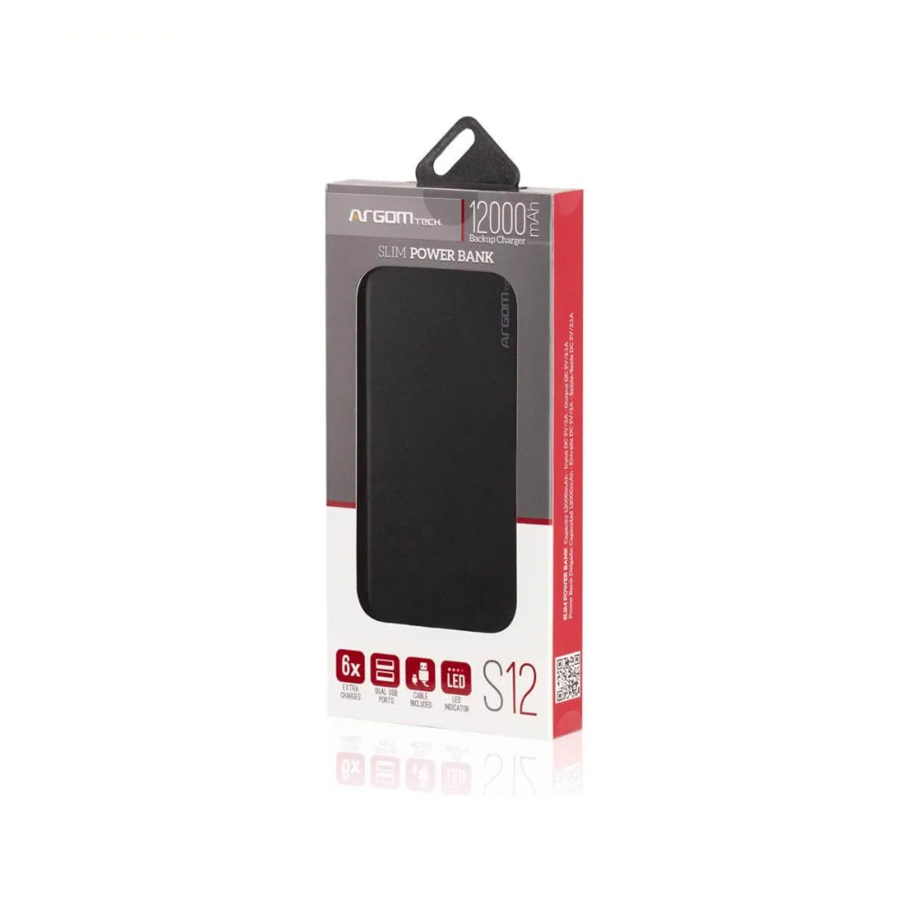 CARGADOR ARGOMTECH/POWER BANK S12 12000MAH COLOR NEGRO CON 2 PUERTOS USB /ALUMINIO/ARG-PB-1150BK