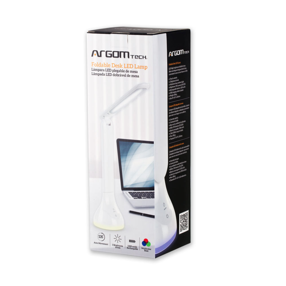 LAMPARA ARGOMTECH/ARG-LP-9011WT LED RECARGABLE PLEGABLE 3 NIVELES DE BRILLO BATERIA 1200MAH