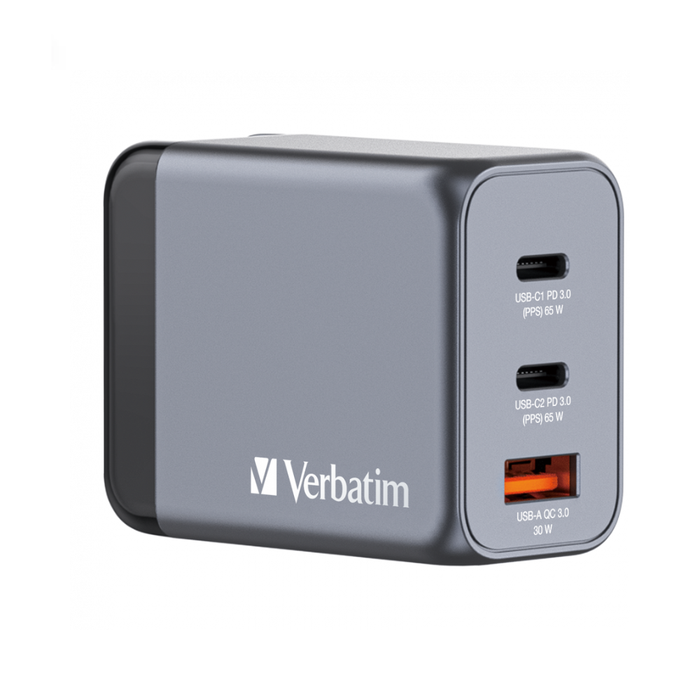 CARGADOR VERBATIM GAN DE 65W CON 3 PUERTOS  2 USB-C Y 1 USB-A ENCHUFES REEMPLAZABLES
