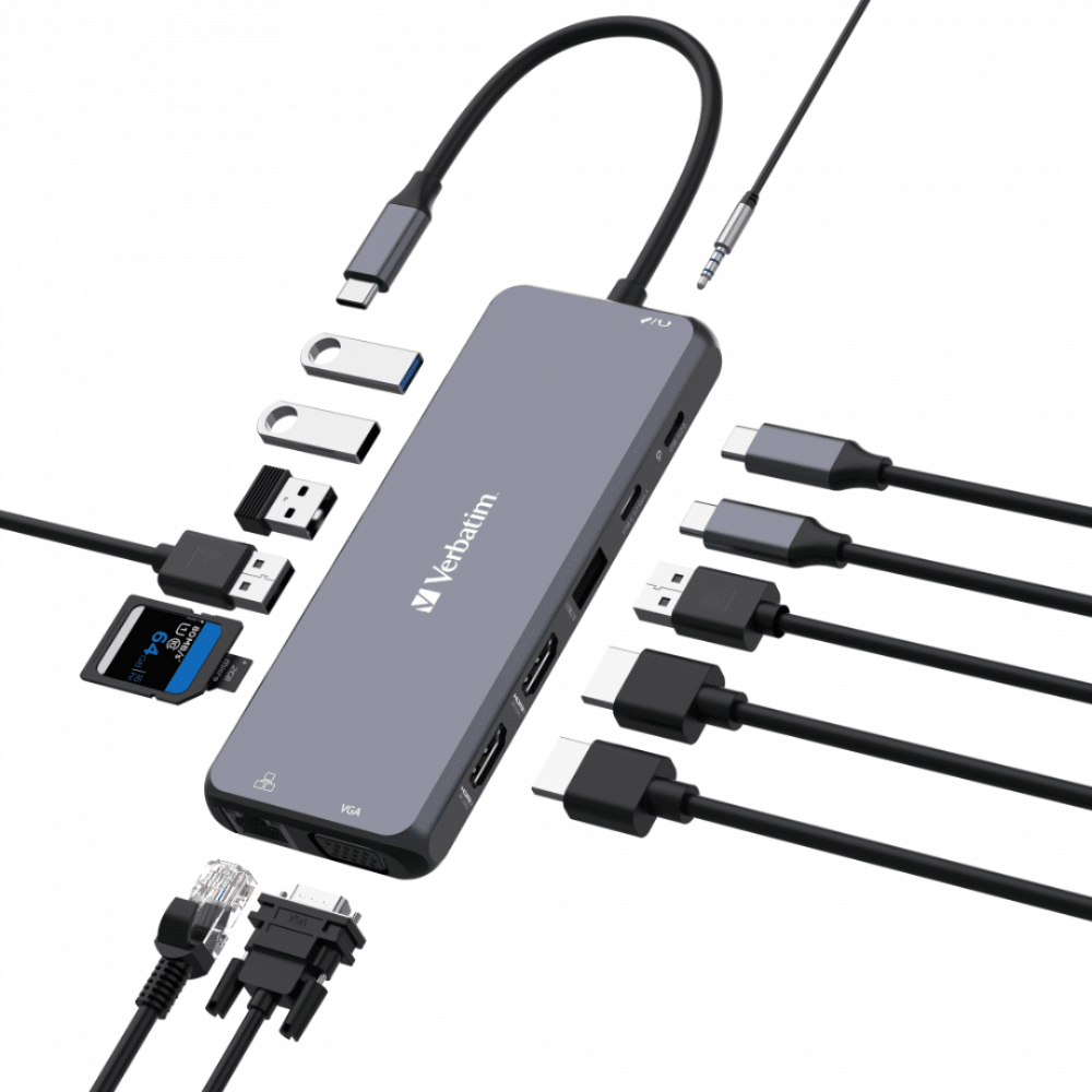 HUB  USB-C VERBATIM 14 MULTIPUERTOS CMH-14 HDMI X2 VGA RJ45 USB A X6 SD MICRO SD AUDIO USBC PD