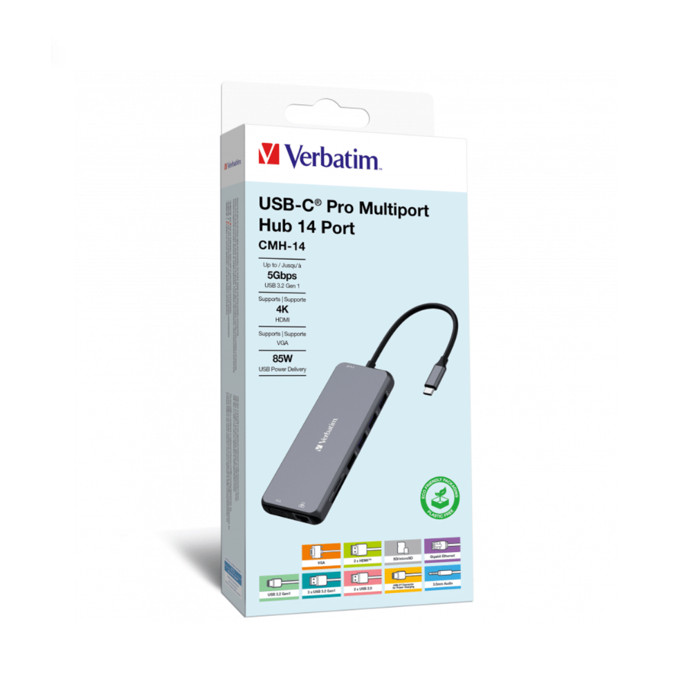 HUB  USB-C VERBATIM 14 MULTIPUERTOS CMH-14 HDMI X2 VGA RJ45 USB A X6 SD MICRO SD AUDIO USBC PD