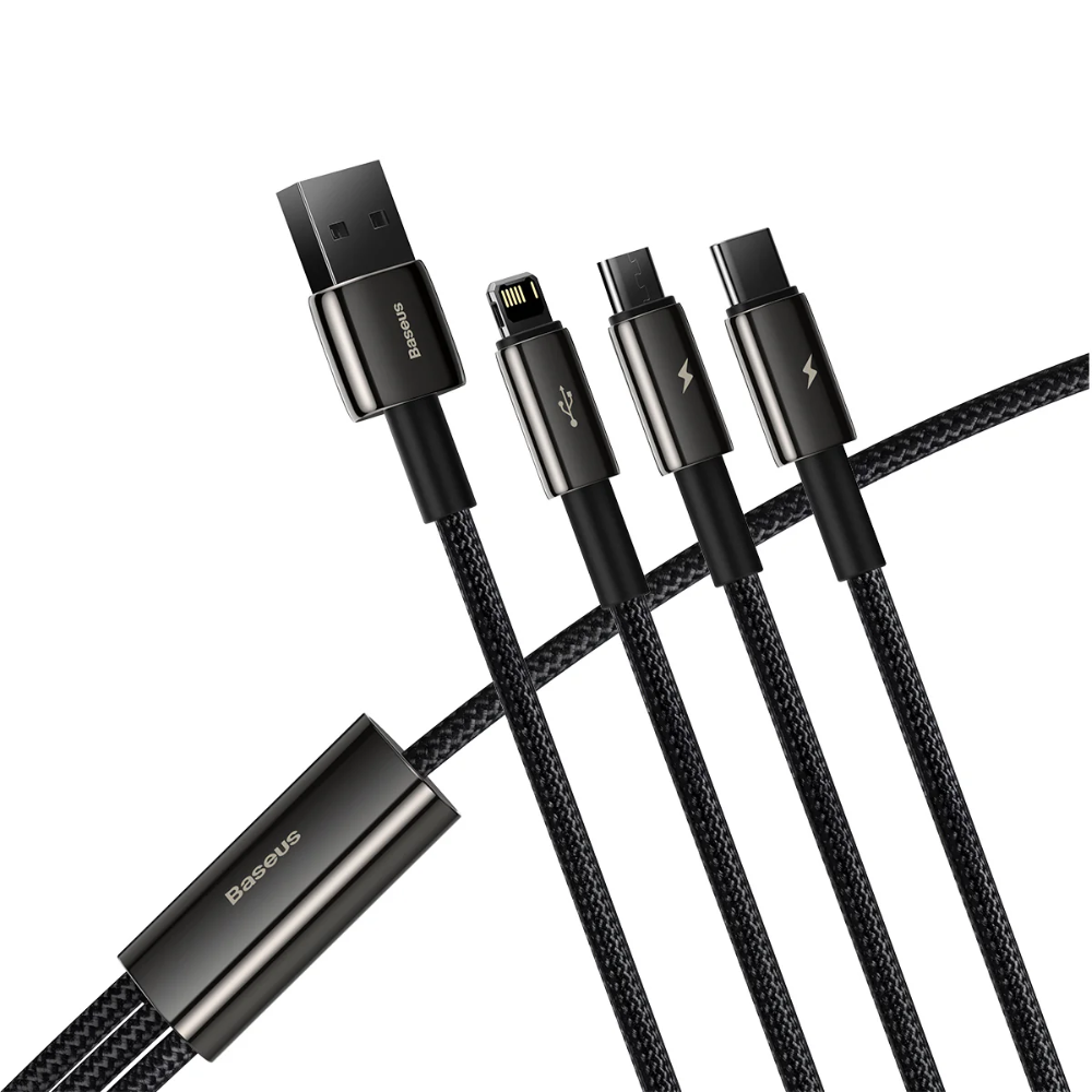 CABLE 3 EN 1 MICRO USB TIPO C Y LIGHTNING 1.5MT CAMLTWJ-01 66W NEGRO