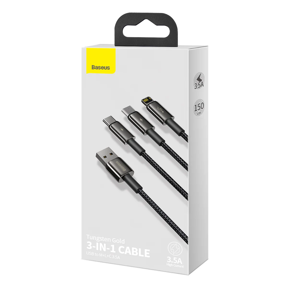 CABLE 3 EN 1 MICRO USB TIPO C Y LIGHTNING 1.5MT CAMLTWJ-01 66W NEGRO