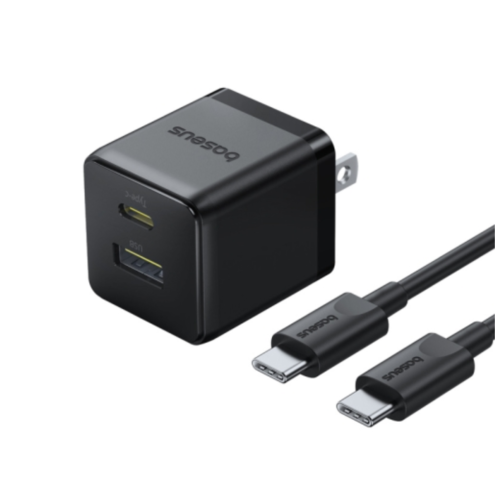 OS-Baseus Palm Fast Charger C+U 20W US Cluster Black (with Baseus Mini White Cable USB-C to USB-C 60W (20V/3A) 1m Cluster Black)