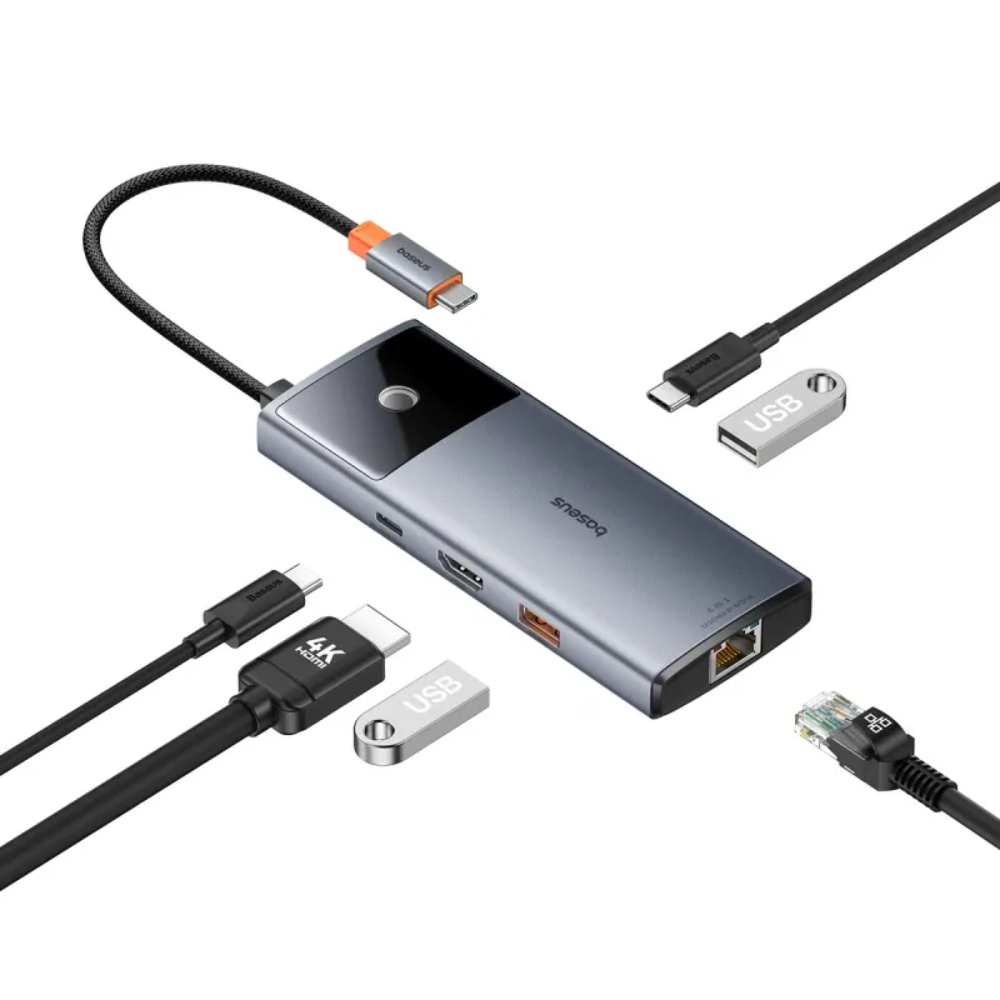 Baseus Metal Gleam Series II 6-in-1 USB HUB Space Grey?USB-C to 1*HDMI4K@60Hz+1*USB-C?10Gbps)+2*USB-A(10Gbps)+1*RJ45+1*USB-C?PD) ?