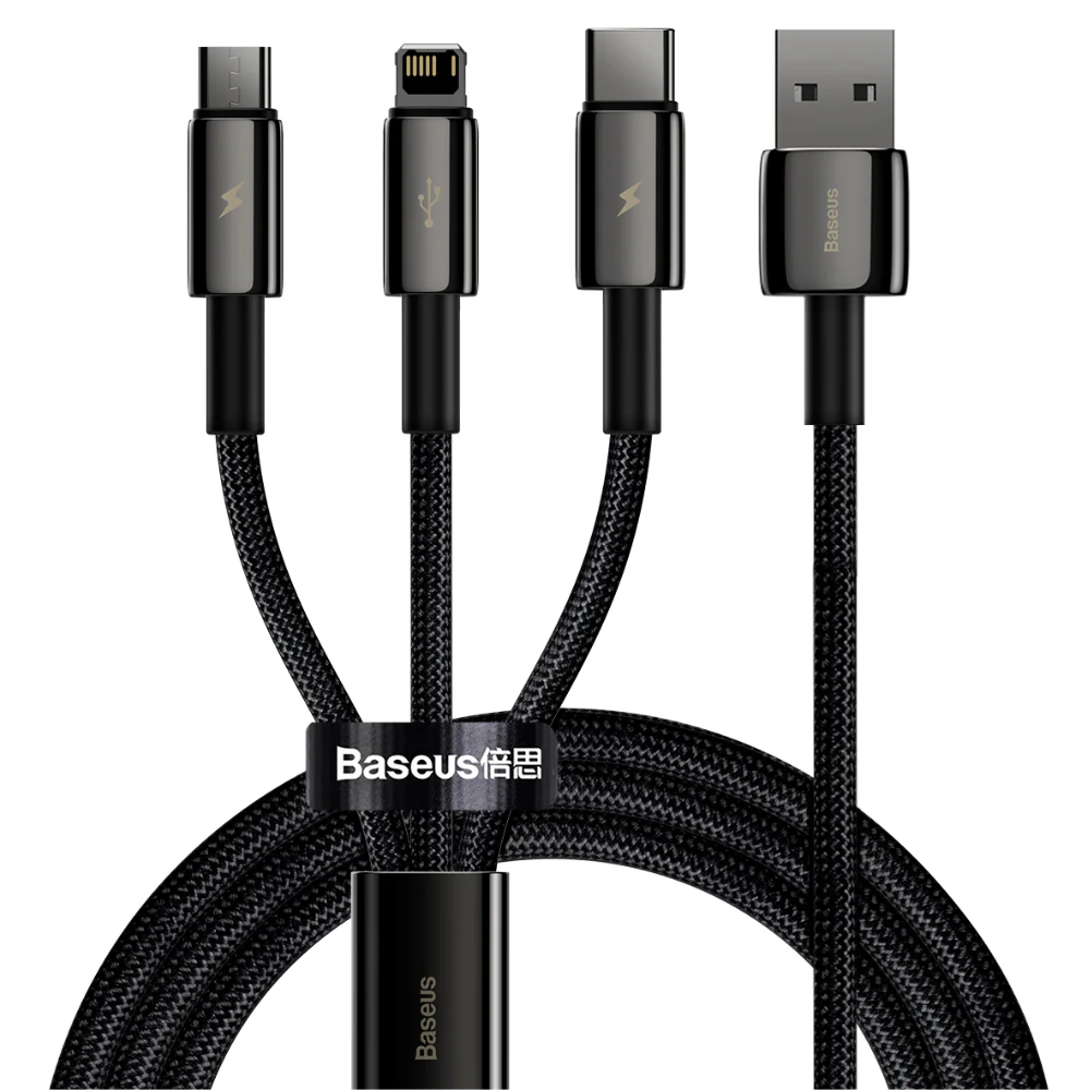 CABLE 3 EN 1 MICRO USB TIPO C Y LIGHTNING 1.5MT CAMLTWJ-01 66W NEGRO