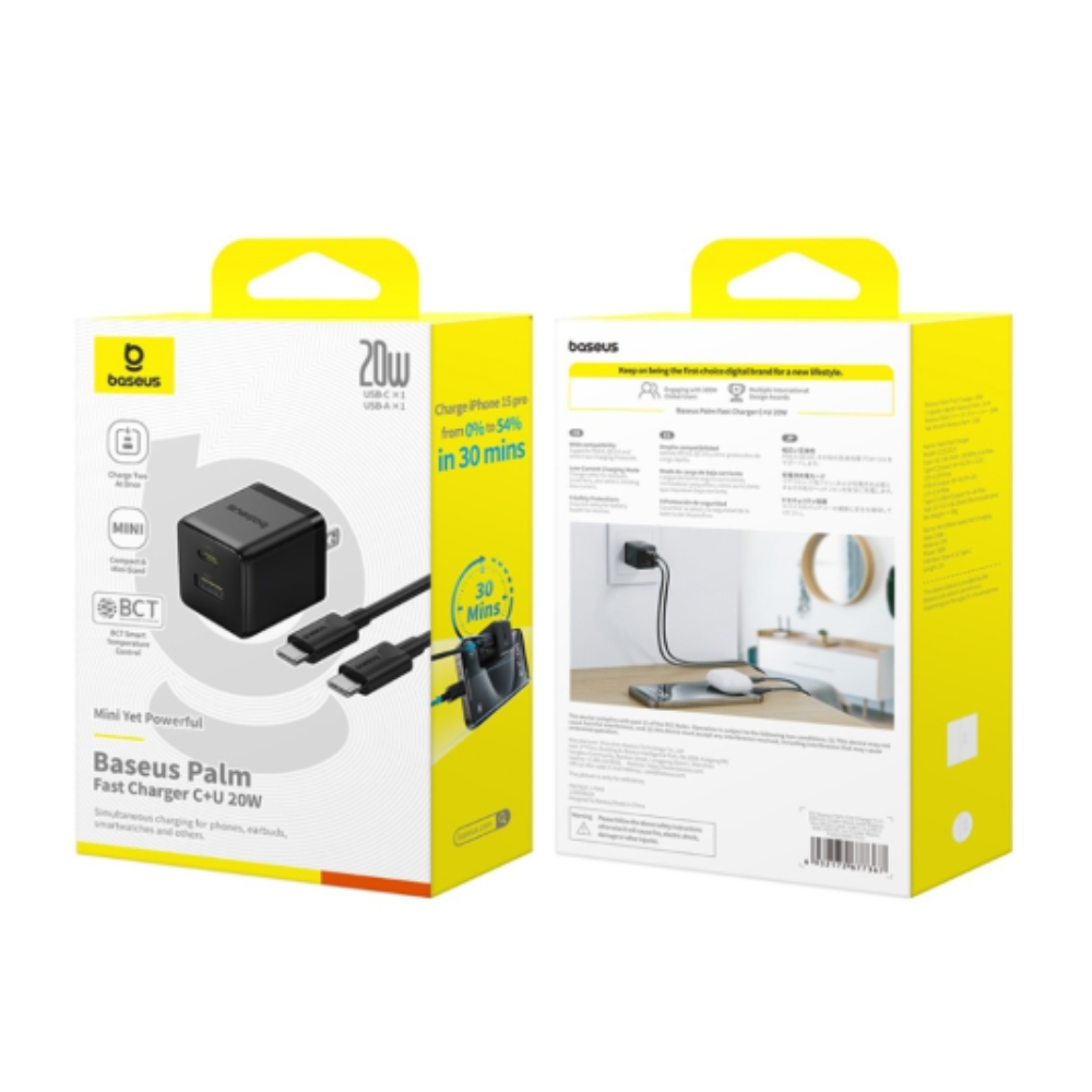 OS-Baseus Palm Fast Charger C+U 20W US Cluster Black (with Baseus Mini White Cable USB-C to USB-C 60W (20V/3A) 1m Cluster Black)