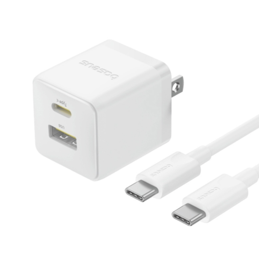 OS-Baseus Palm Fast Charger C+U 20W US Moon White (with Baseus Mini White Cable USB-C to USB-C 60W (20V/3A) 1m Moon White)